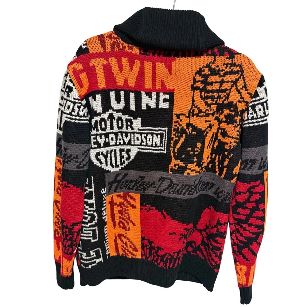 Harley Davidson Mens Multicolor Patchwork Zip Up Knit Sweater Jacket Size S Rare